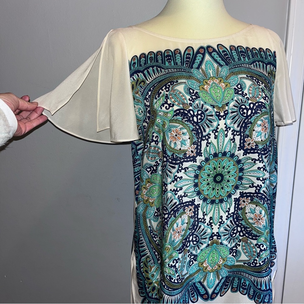 Maeve Anthropologie 100% Silk Boho Flutter Sleeve Mandala Print Tunic Blouse